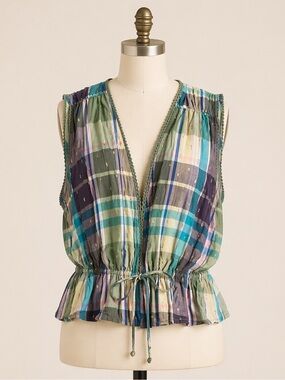 Aerie women Blue Green Plaid Tie Front V Neck Crop Top Plunge Neckline Sz L NWT